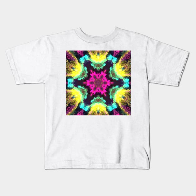 Psychedelic Hippie Flower Purple Yellow and Teal Kids T-Shirt by WormholeOrbital